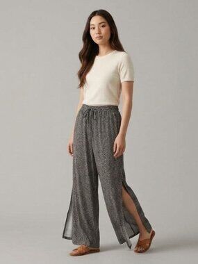 HASHTTAG Wide-Leg Pull-On Deep Slits Pants Semi-Sheer Black/White Polka Dots M